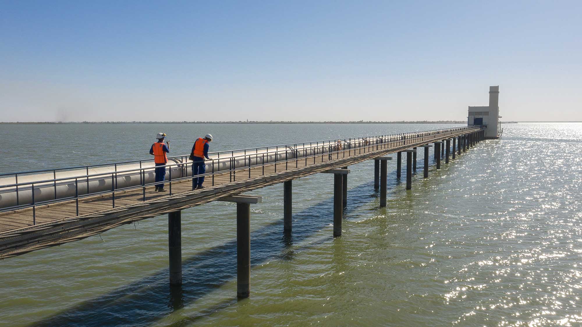Aerial view by drone of the water collection of a drinking water treatment plant in Senegal
