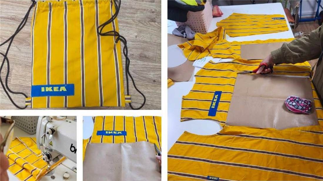 Création de sacs à partir des uniformes IKEA réalisés par notre partenaire Revisité