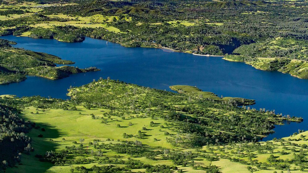 A aerial view shows Pardee Reservoir today. Pardee Reservoir stores water from the Mokelumne River watershed, which supplies nearly 90 percent of EBMUD’s water supply, Photos courtesy of East Bay Municipal Utility District