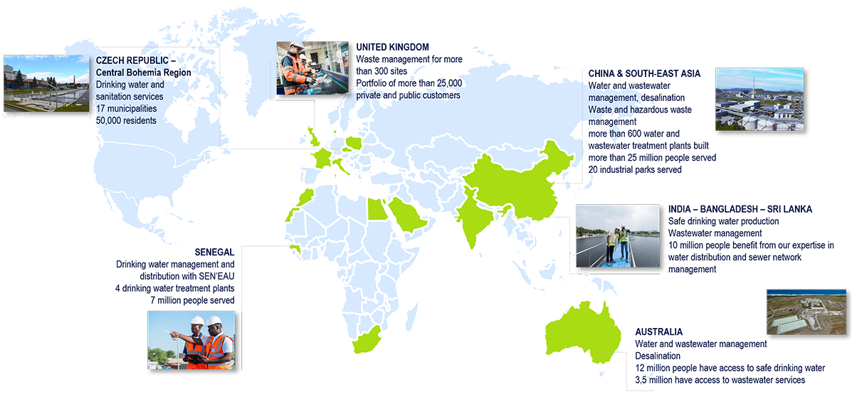 Carte-monde-SUEZ-references-EN World map showing the activities of Suez. Detailed description of the image in the accordion with the title ‘Accessible Content: SUEZ Activities Map’.