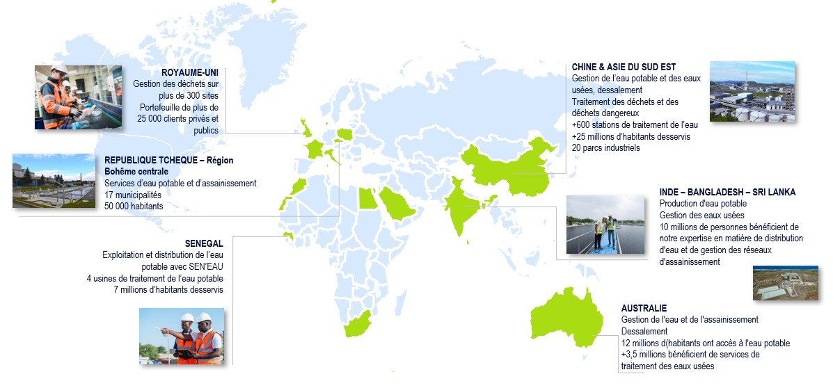 Carte du monde présentant les activités de Suez. Description détaillé de l'image dans l'accordéon qui porte le titre "Contenu accessible : Carte des activités SUEZ"